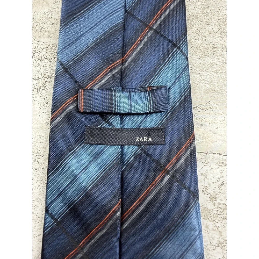 ZARA Tie Mens One Size Blue Pointed Plaids & Checks Classic Width Logo